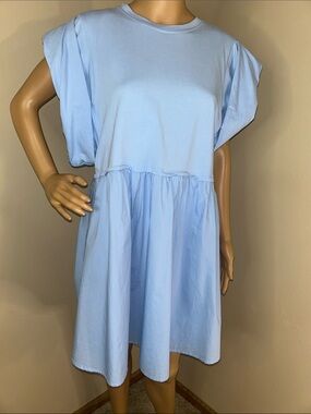 English Factory Pale Blue Asymmetrical Sleeve Babydoll Dress
